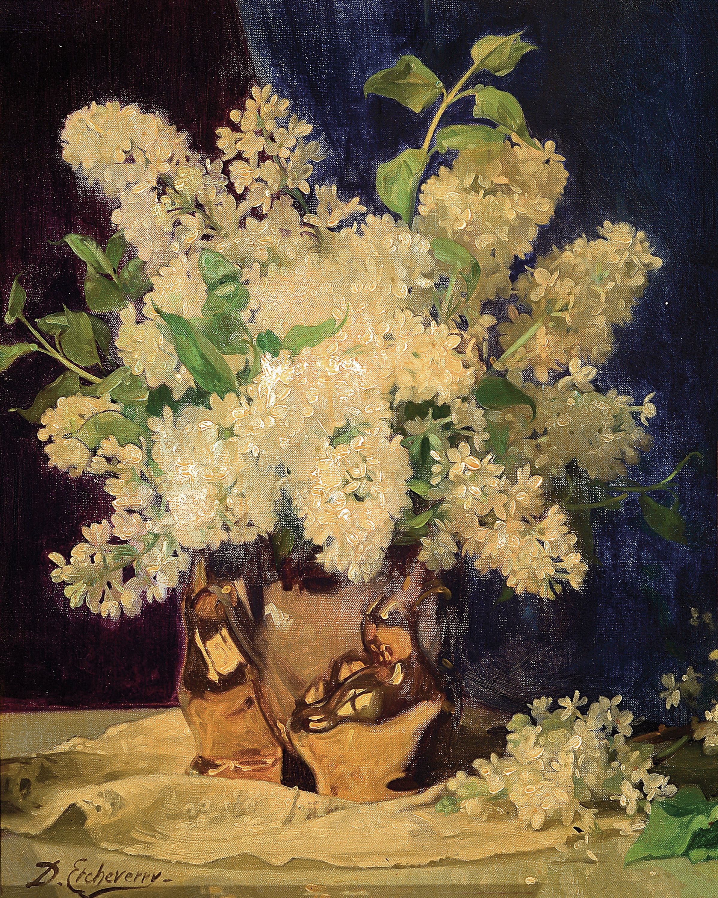 Denis Etcheverry, 1867 - 1952 Bayonne, Frankreich, Stillleben mit weißem Flieder, links unten signiert, Öl/Lwd, 40x32 cm, Rahmen 55x46 cm