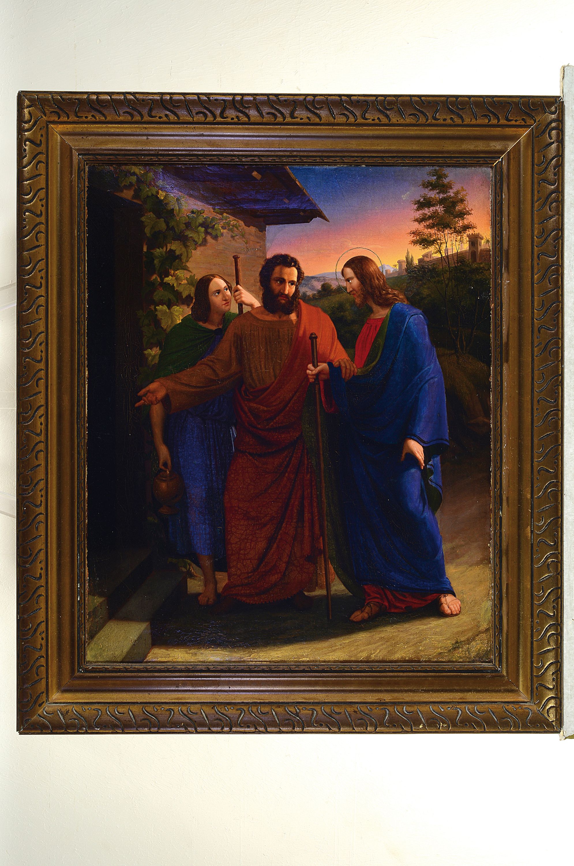Detail k: Unbekannter Künstler im Stil der Nazarener, 19.Jh., Christus in Emmaus, der Auferstandene wird von zwei seiner Jünger zum Mahl gebeten, ...