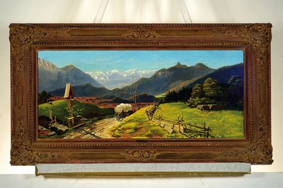 26778640k - F. Wagner, dated 1883, Munich School, pre- alpine landscape, view in a valley with cross and chariot, minor restorations, signed lower left, oil/canvas, 34x78 cm, frame 52x96 cm