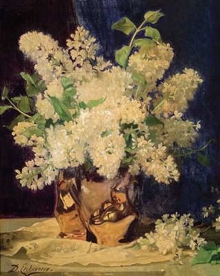 Image 26778646 - Denis Etcheverry, 1867 - 1952 Bayonne, France,still life with white lilac, signed lower left, oil/canvas, 40x32 cm, frame 55x46 cm