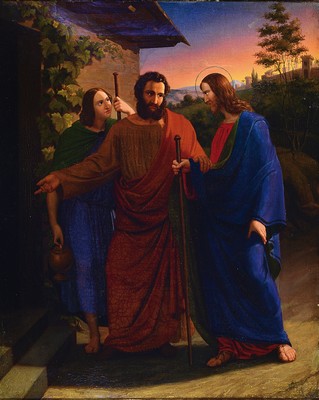 Image 26778648 - Unidentified artist in style the Nazarene, 19th century, Christ in Emmaus, the risen man is asked to eat by two of his disciples, background landscape detail with city wall in front of a sunset backdrop, linear style, strong colors, restored, unsigned, oil/canvas, 60x49 cm , frame 74x63 cm