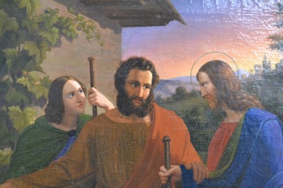 26778648b - Unidentified artist in style the Nazarene, 19th century, Christ in Emmaus, the risen man is asked to eat by two of his disciples, background landscape detail with city wall in front of a sunset backdrop, linear style, strong colors, restored, unsigned, oil/canvas, 60x49 cm , frame 74x63 cm