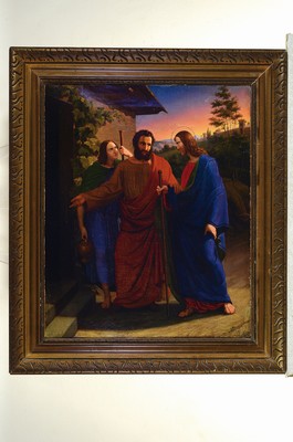 26778648k - Unidentified artist in style the Nazarene, 19th century, Christ in Emmaus, the risen man is asked to eat by two of his disciples, background landscape detail with city wall in front of a sunset backdrop, linear style, strong colors, restored, unsigned, oil/canvas, 60x49 cm , frame 74x63 cm