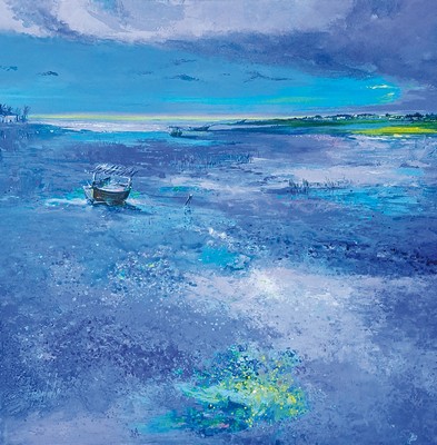 Image 26778681 - Abbas Al-Mosawi, born 1952 Bahrain, student ofAhmed Baqer, seascape with fishing boats, chromatic harmony in shades of blue, impressionistic view, left. signed and dated 2021, acrylic/canvas, approx. 110x110 cm, Abbas al Mosawi is one of the most popular artists in the Middle East with many exhibitions and projects worldwide