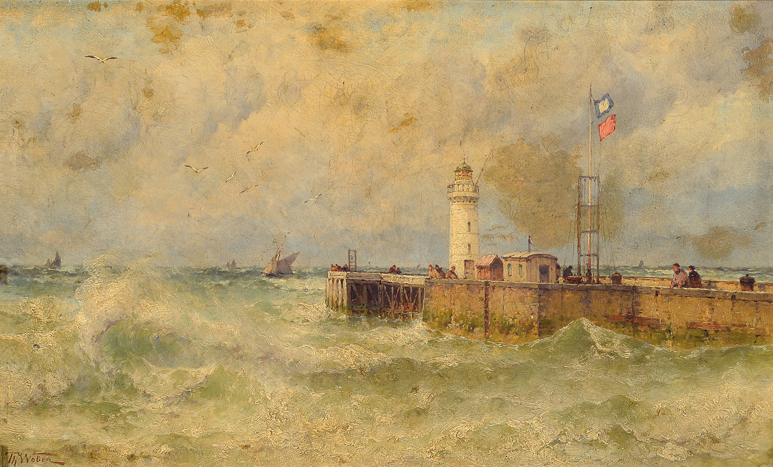 Theodore Alexander Weber, 1838 Leipzig - 1907 Paris, Hafenmole mit Leuchtturm bei stürmischer See, reiche Figurenstaffage, links unten signiert, ...