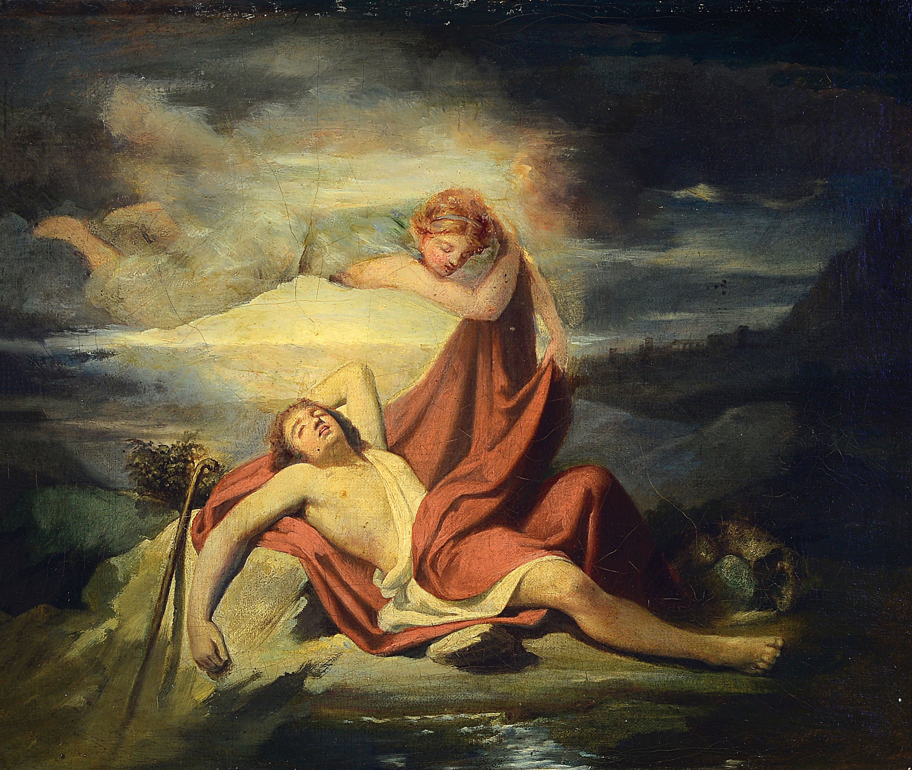 Unbekannter Künstler des ausgehenden 18.Jh.,Endymion und Selene, Komposition in italienischer Tradition, unsigniert, Öl/Lwd, auf Lwd doubliert, ...