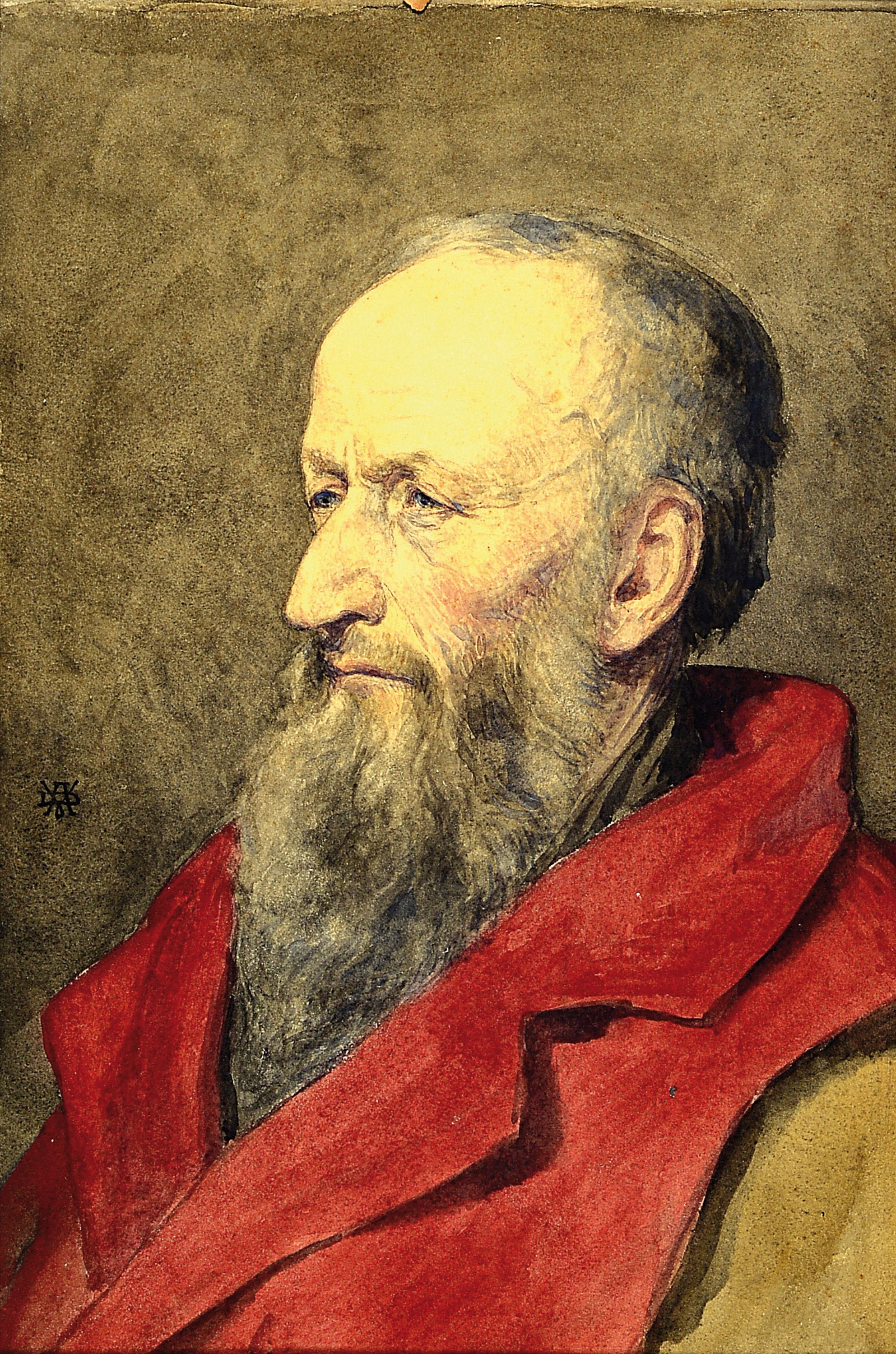Albrecht de Vriendt, 1843 Antwerpen-1900, Aquarell, Porträt eines alten Mannes mit kräftigem Bart und blauen Augen, Künstlermonogramm links, 42x28 ...