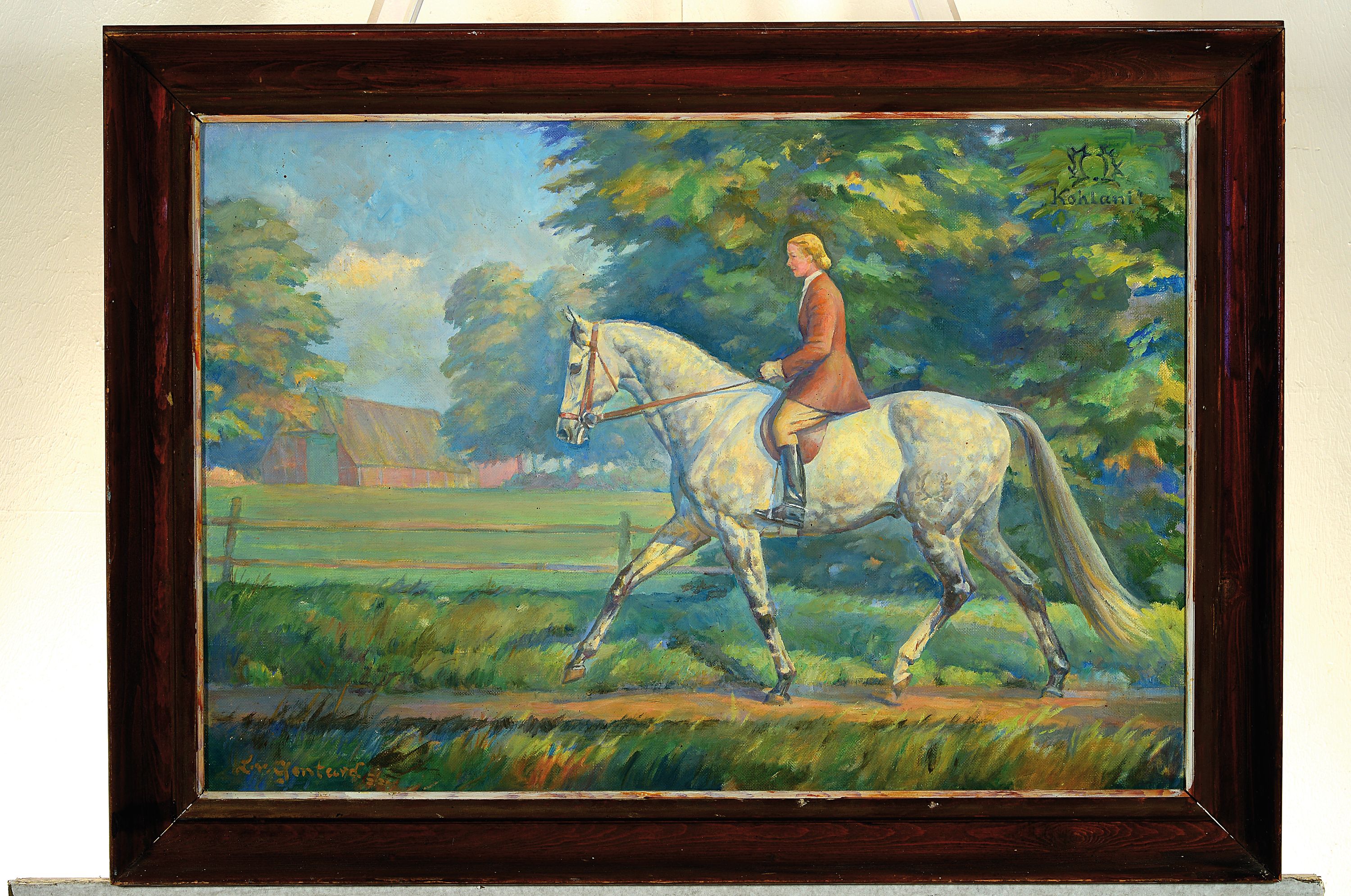 Detail k: Ungedeuteter Künstler der Mitte des 20.Jh., weiß geschecktes Pferd bezeichnet "Kohlani", Öl/Lwd, 42x60 cm, Rahmen 52x70 cm