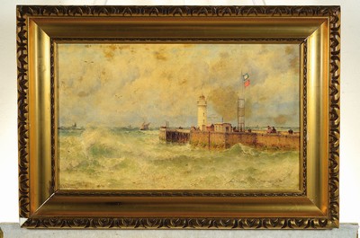 26778709k - Theodore Alexander Weber, 1838 Leipzig - 1907 Paris, harbor pier with light house on a stormy lake, rich figure staffage, signed lower left, stronger restored, oil/canvas, 34x56 cm, frame best. 48x69cm