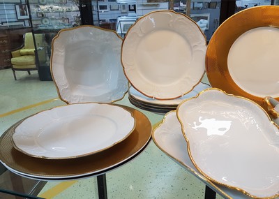 26778747c - Five underplates Christofle and dinner service, Rosenthal, Sanssouci, 20th century, porcelain, underplate micro gold plated, diamond decoration D. approx. 32 cm, service: twelve plates, lidded bowl, gravy boat, two vegetable bowls, large and small plate, gold edges