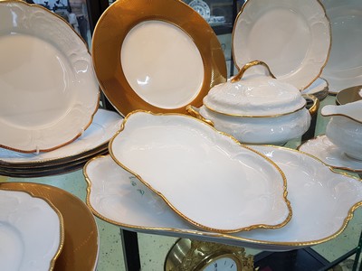 26778747d - Five underplates Christofle and dinner service, Rosenthal, Sanssouci, 20th century, porcelain, underplate micro gold plated, diamond decoration D. approx. 32 cm, service: twelve plates, lidded bowl, gravy boat, two vegetable bowls, large and small plate, gold edges