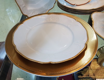 26778747e - Five underplates Christofle and dinner service, Rosenthal, Sanssouci, 20th century, porcelain, underplate micro gold plated, diamond decoration D. approx. 32 cm, service: twelve plates, lidded bowl, gravy boat, two vegetable bowls, large and small plate, gold edges