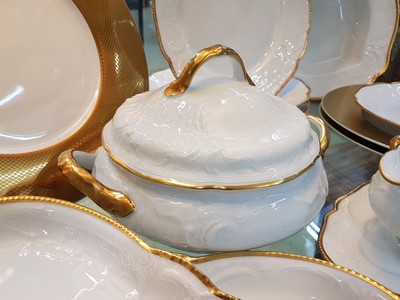 26778747f - Five underplates Christofle and dinner service, Rosenthal, Sanssouci, 20th century, porcelain, underplate micro gold plated, diamond decoration D. approx. 32 cm, service: twelve plates, lidded bowl, gravy boat, two vegetable bowls, large and small plate, gold edges