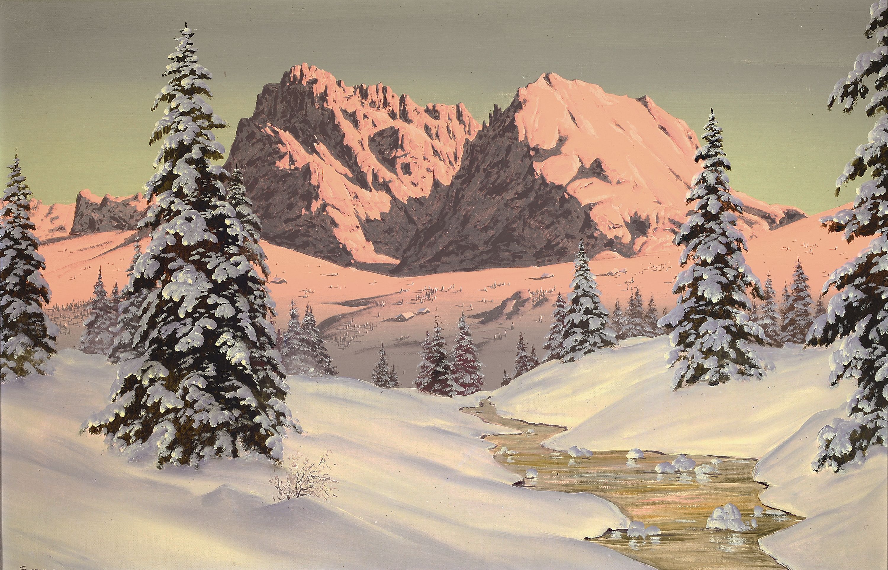 Hans Slatmak Barma, 1903 Wien - 1978, Alpenglühen beim Plattkofel, rückseitig bez. Langkofel u. Plattkofel (Dolomiten), schwer lesbar, Öl/Lwd, ...