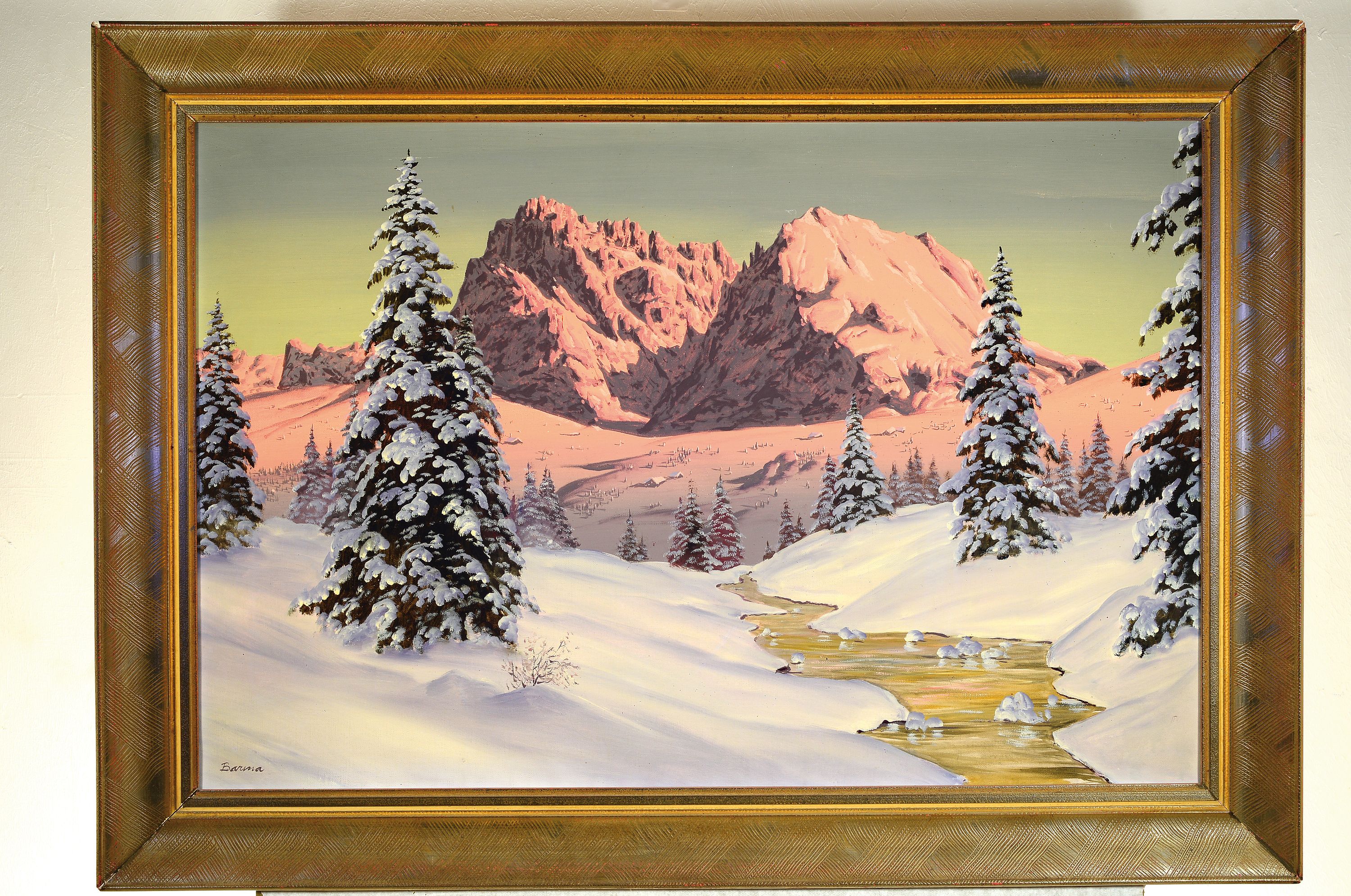 Detail k: Hans Slatmak Barma, 1903 Wien - 1978, Alpenglühen beim Plattkofel, rückseitig bez. Langkofel u. Plattkofel (Dolomiten), schwer lesbar, Öl/Lwd, ...
