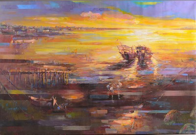 Image 26778815 - Abbas Al-Mosawi, born 1952, seascape with fishing boats, left. signed below, acrylic/canvas, approx. 190x130 cm, Abbas Al- Mosawi is one of the most sought-after artists in the Middle East with many exhibitions and projects worldwide