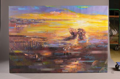 26778815k - Abbas Al-Mosawi, born 1952, seascape with fishing boats, left. signed below, acrylic/canvas, approx. 190x130 cm, Abbas Al- Mosawi is one of the most sought-after artists in the Middle East with many exhibitions and projects worldwide