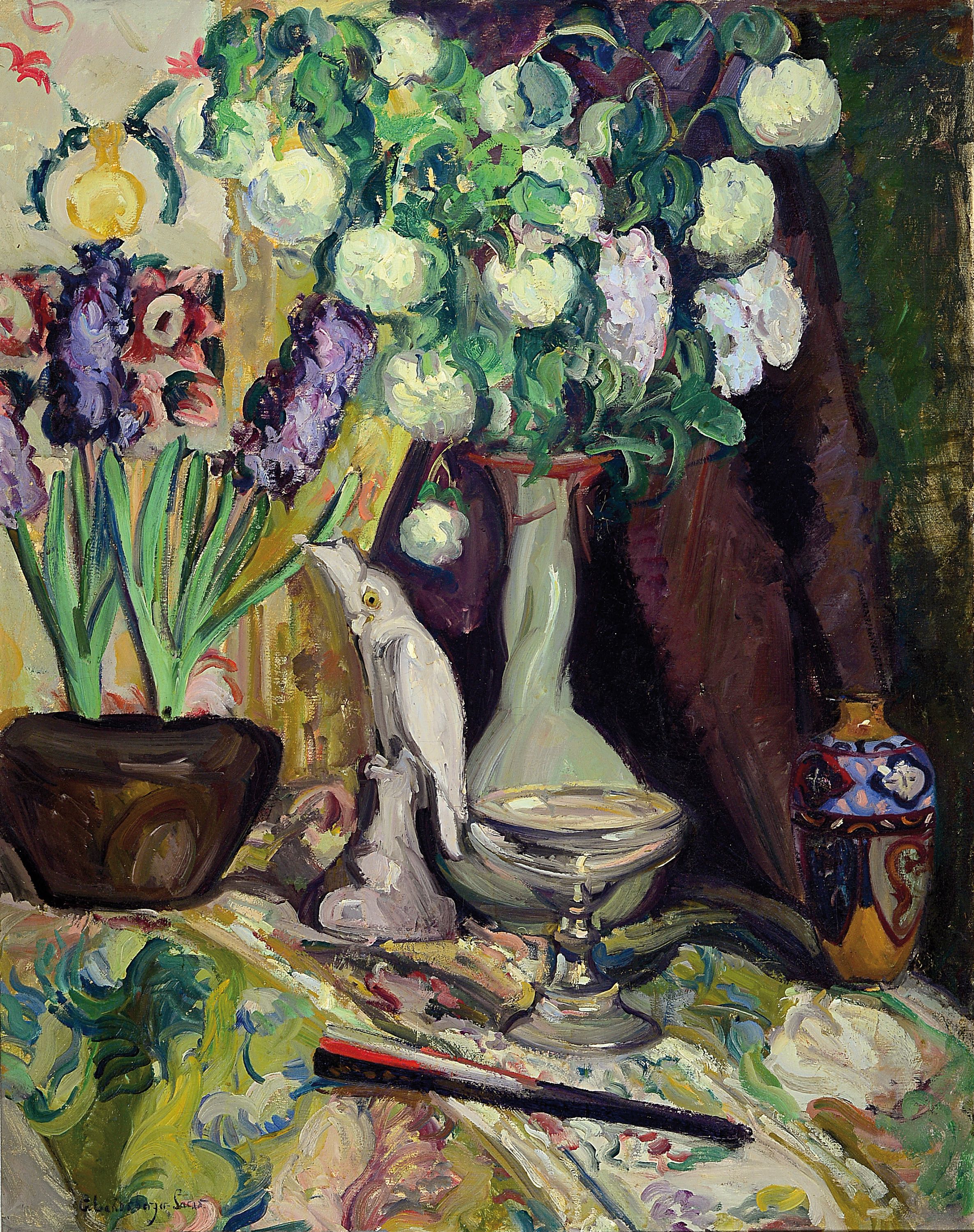Gerda Landsberger-Sachs, österreichische Malerin des 20. Jh., Stillleben mit Blumen, Hyazinthen, Porzellanfigur und japanischer Vase, Öl/Lwd, ...