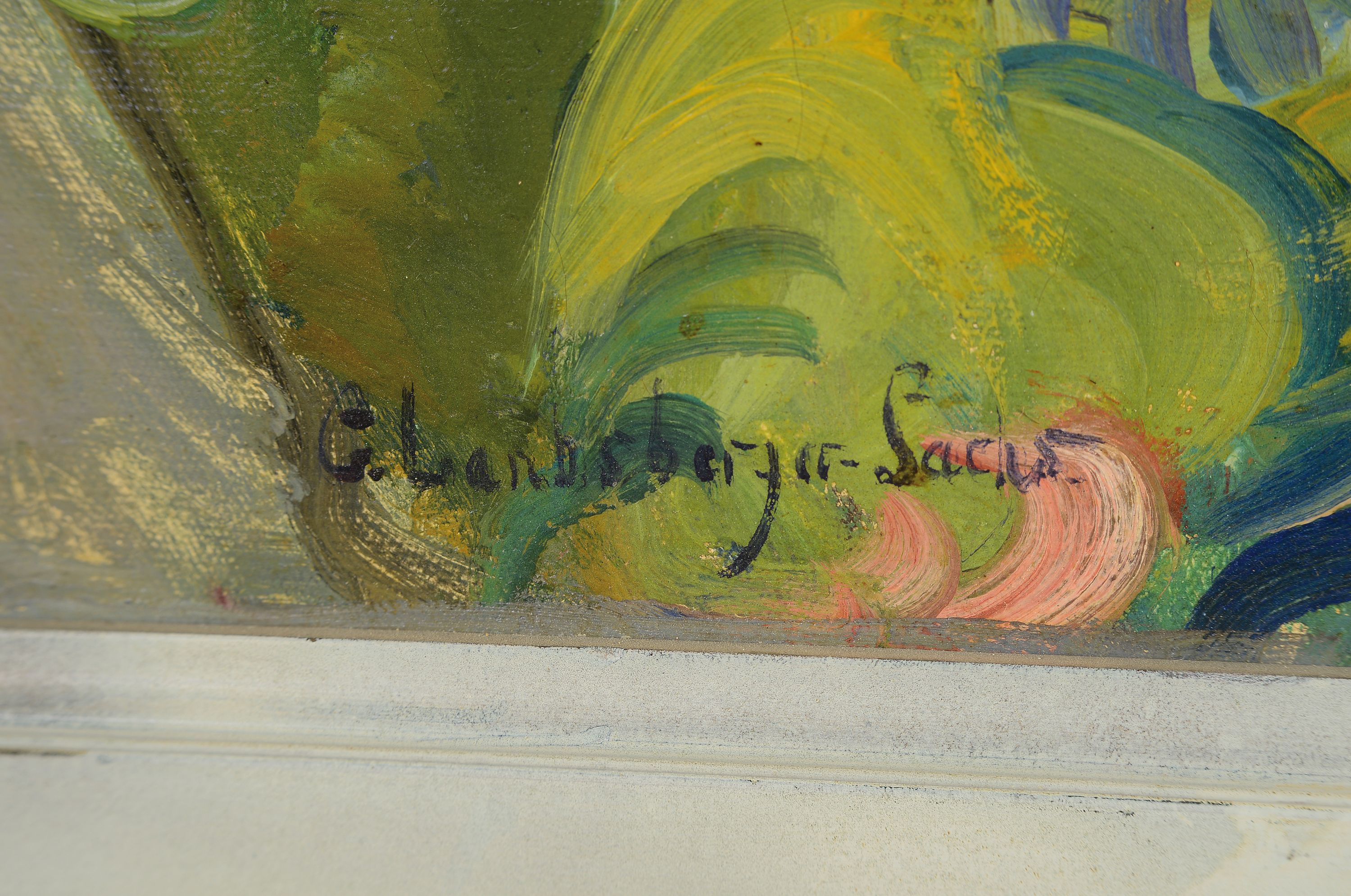 Detail a: Gerda Landsberger-Sachs, österreichische Malerin des 20. Jh., Stillleben mit Blumen, Hyazinthen, Porzellanfigur und japanischer Vase, Öl/Lwd, ...