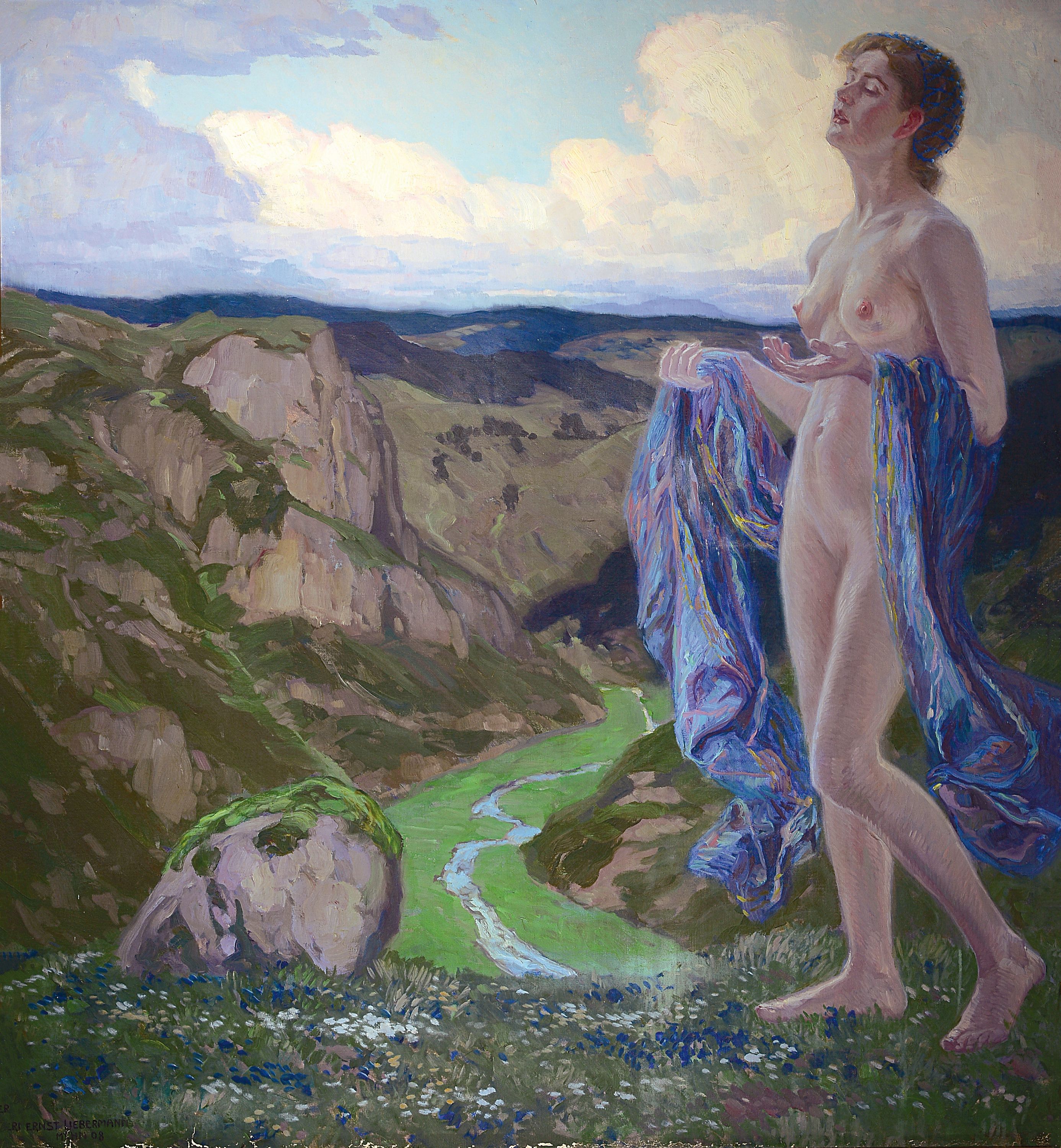 Ernst Liebermann, 1869 - 1960, Frühlingslied, stehender Frauenakt, in die Ferne blickend, Öl/Lwd, signiert, dat. München 08, ca. 145 x 133 cm, ...