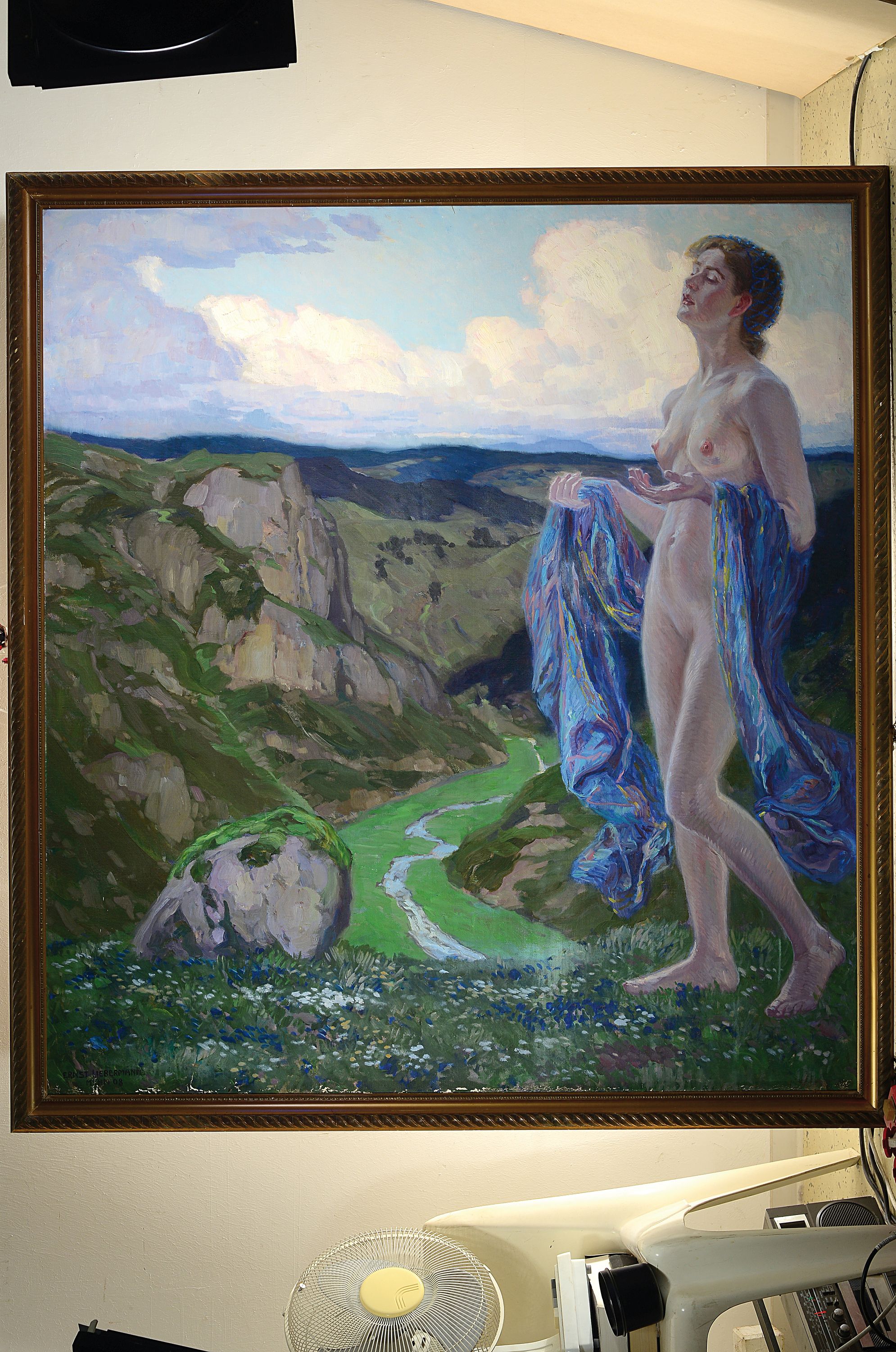 Detail k: Ernst Liebermann, 1869 - 1960, Frühlingslied, stehender Frauenakt, in die Ferne blickend, Öl/Lwd, signiert, dat. München 08, ca. 145 x 133 cm, ...
