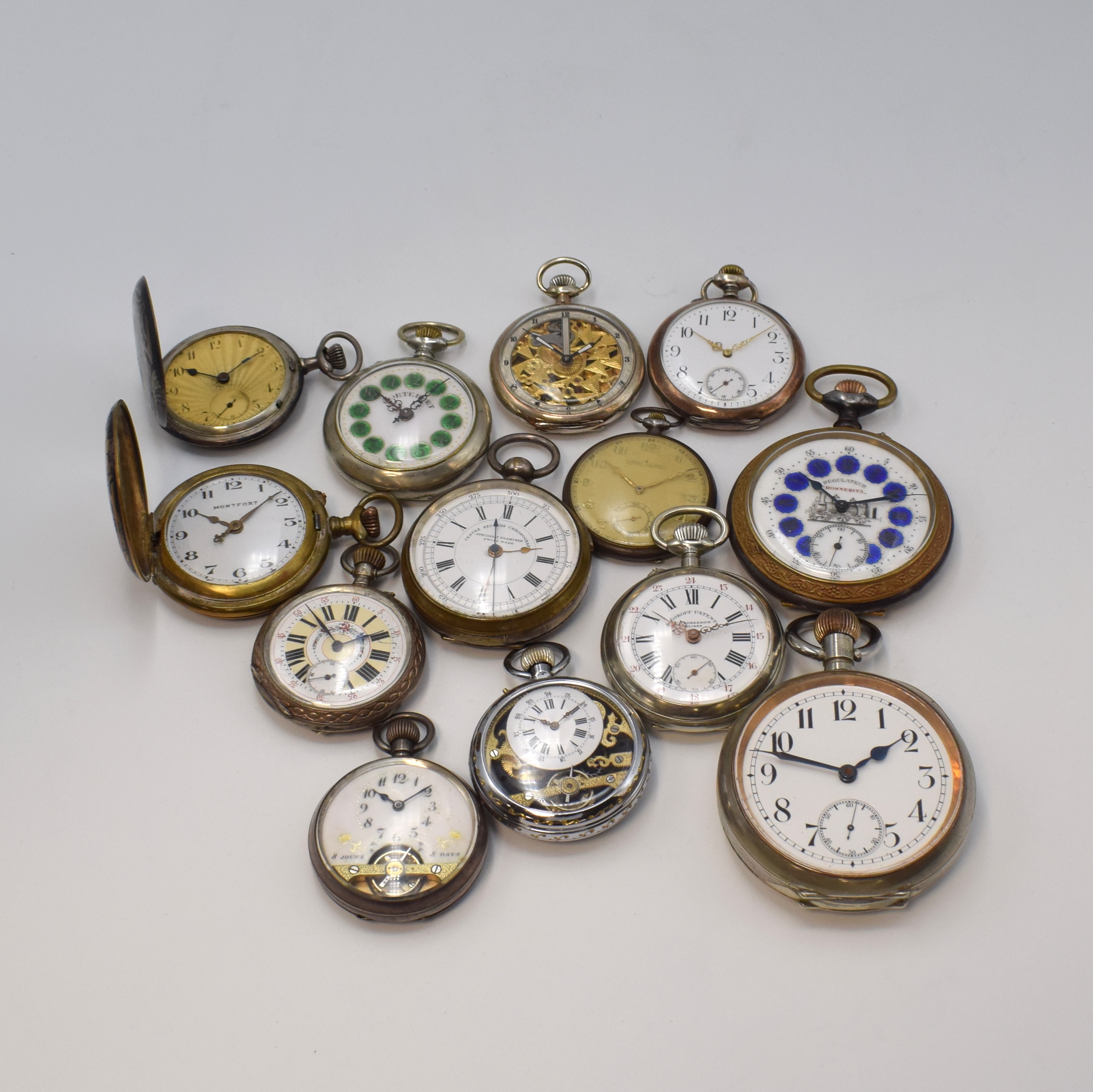 Große 8-Tage Taschenuhr sowie 12 weitere Taschenuhren, Schweiz um 1880 - 1920, 11 x offene Geh., 2 x Savonette, 5 Silbergeh., davon 1 x Omega ...