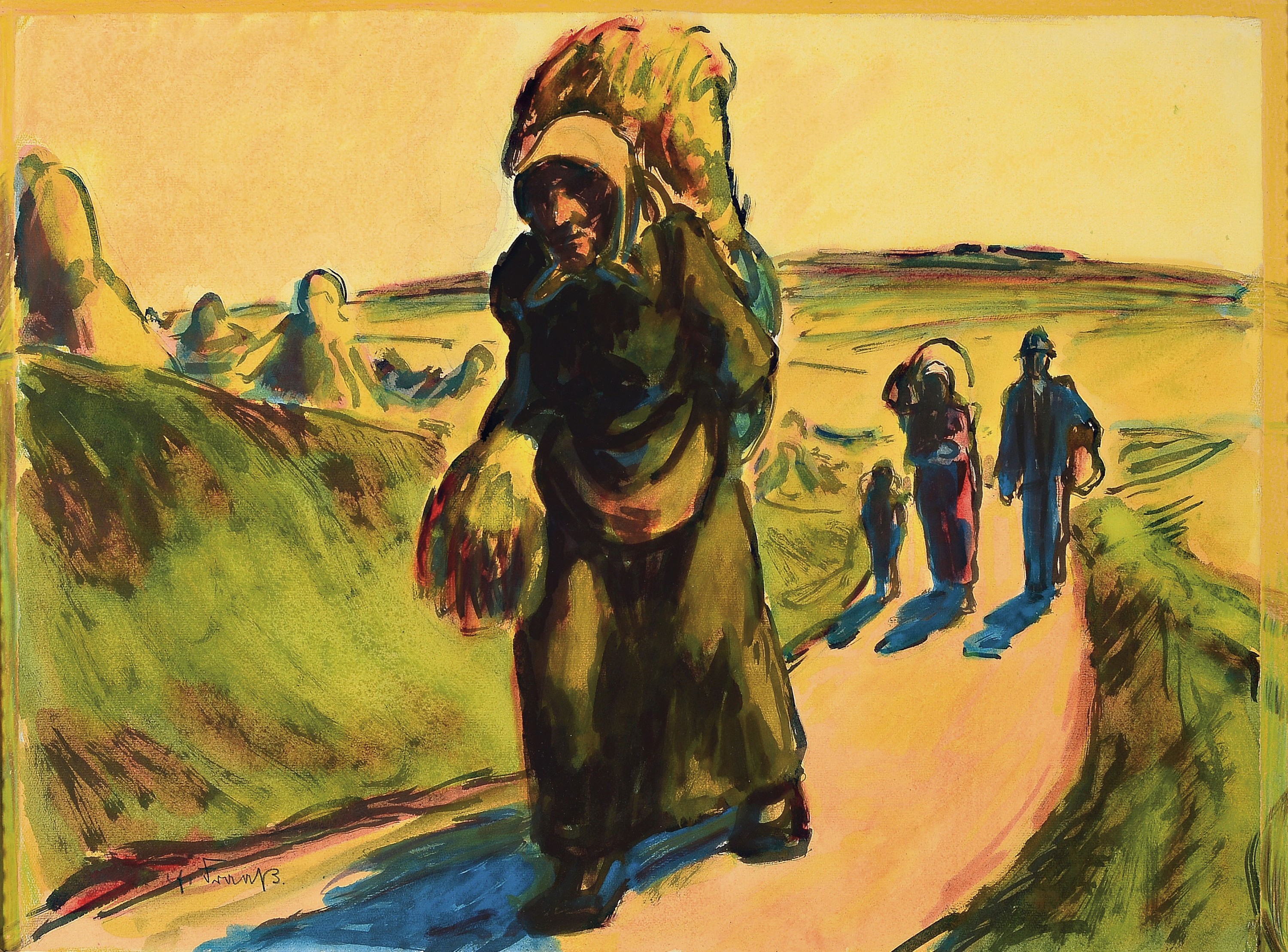 Erich Fraass, 1893-1974, Bauern auf dem Heimweg vom Feld, Gouache auf Papier, links unten signiert, ca. 49x66cm, u.Gl., R. ca. 63x81cm