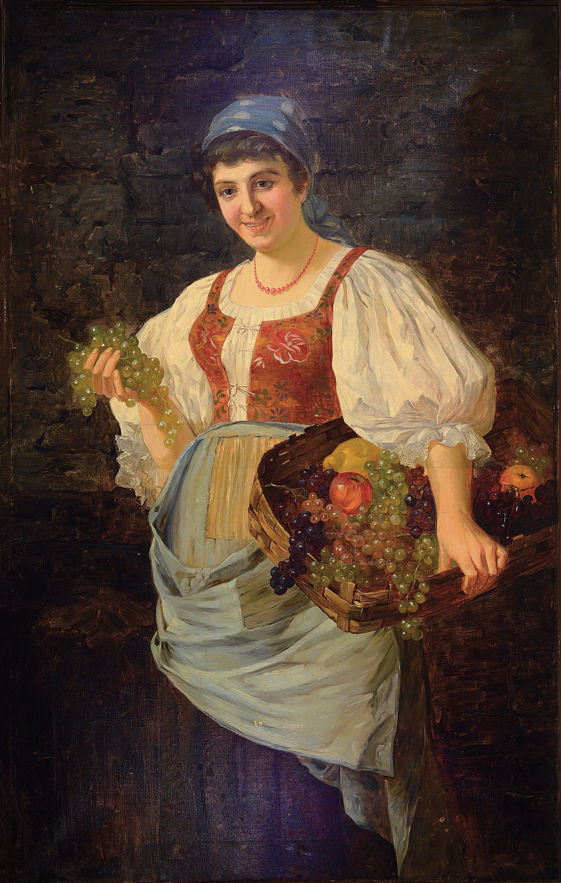 Oskar Krötsch, geb. 1840 Dresden, Ganzporträt einer jungen Bäuerin mit Obst, Öl/Lwd, li. oben signiert, kleine Farbausbesserungen, ca. 139 x 88 cm