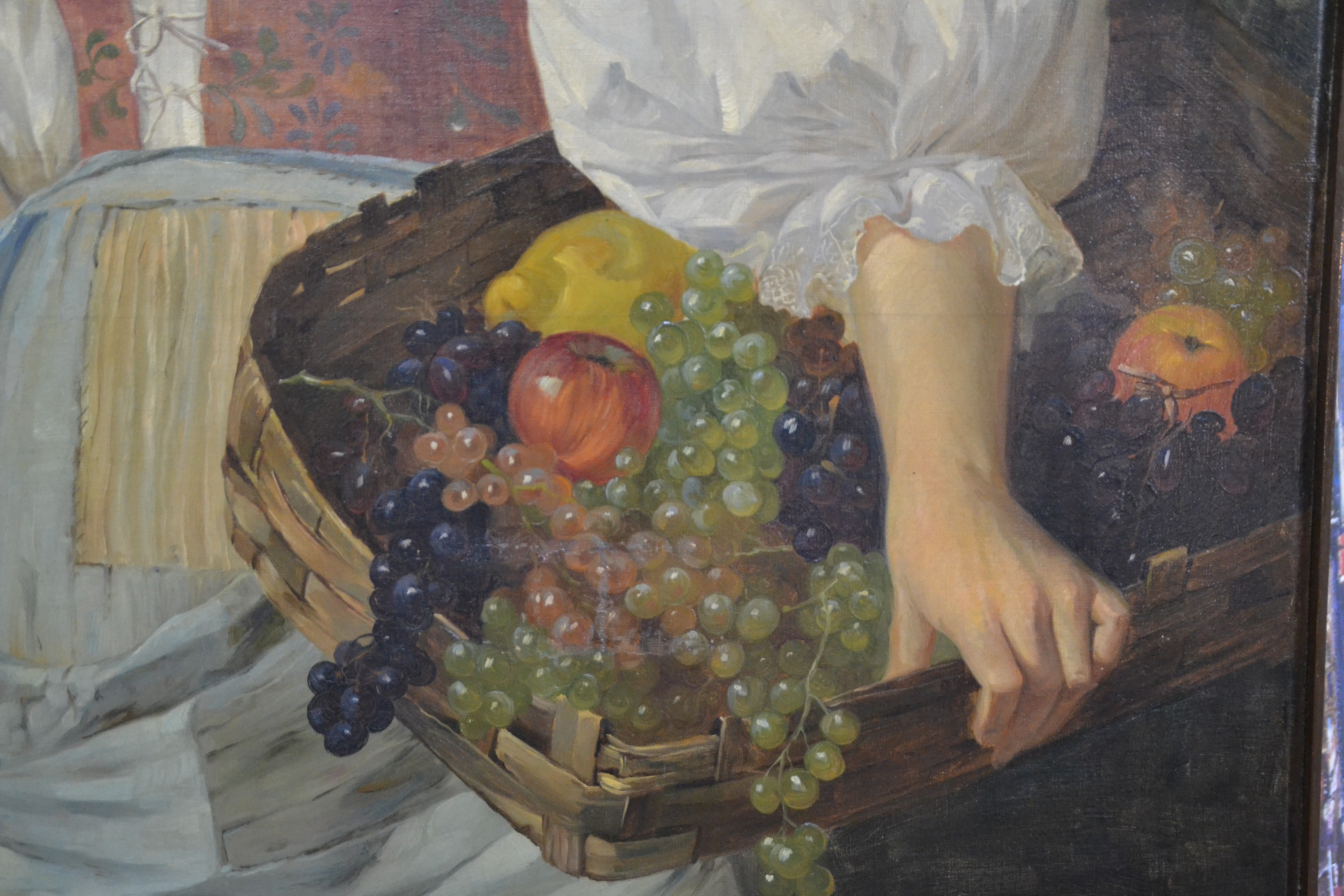 Detail b: Oskar Krötsch, geb. 1840 Dresden, Ganzporträt einer jungen Bäuerin mit Obst, Öl/Lwd, li. oben signiert, kleine Farbausbesserungen, ca. 139 x 88 cm