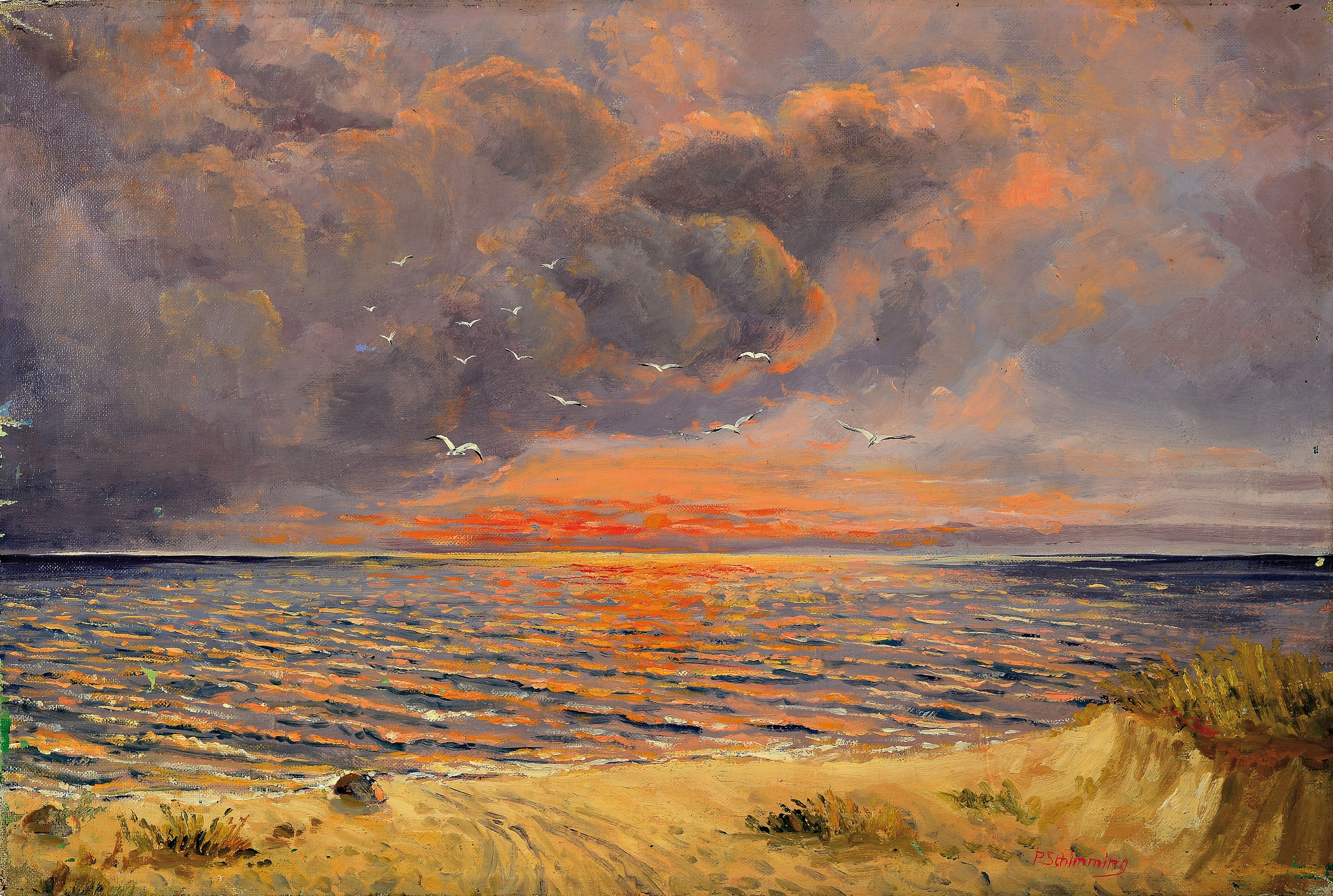 Paul Schimming, deutscher Maler des frühen 20.Jh., Blick von den Dünen auf Abendrot, Öl/ Lwd, rechts unten signiert, ca. 40x60cm, R. ca. 49x69cm, ...
