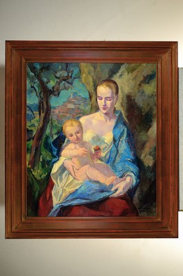 26779234k - Karl Schlageter, 1894 Lucerne-1990 Zurich, Mother of God with child, oil/wood, signed anddated Munich 1927, approx. 85 x 72 cm, frame