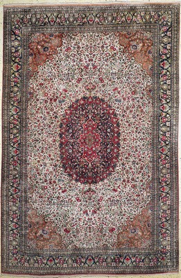 Image 26779260 - Qum silk old, Persia, mid-20th century, pure natural silk, approx. 315 x 207 cm, condition:2(Heavily soiled). Rugs, Carpets & Flatweaves