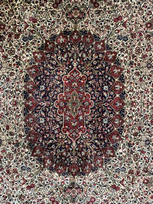 26779260b - Qum silk old, Persia, mid-20th century, pure natural silk, approx. 315 x 207 cm, condition:2(Heavily soiled). Rugs, Carpets & Flatweaves