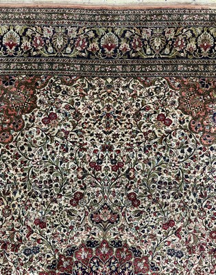 26779260c - Qum silk old, Persia, mid-20th century, pure natural silk, approx. 315 x 207 cm, condition:2(Heavily soiled). Rugs, Carpets & Flatweaves