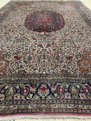 26779260e - Qum silk old, Persia, mid-20th century, pure natural silk, approx. 315 x 207 cm, condition:2(Heavily soiled). Rugs, Carpets & Flatweaves