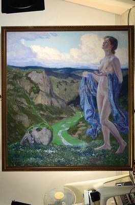 26779262k - Ernst Liebermann, 1869 - 1960, spring song, standing female nude, looking into the distance, oil/canvas, signed, dat. Munich 08, approx. 145 x 133 cm, frame approx. 153x143 cm