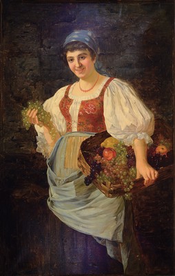 Image 26779273 - Oskar Krötsch, born 1840 Dresden, full portrait of a young peasant woman with fruit, oil/canvas, left. signed above, approx. 139x88cm