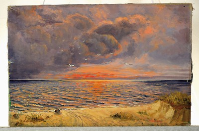 26779274k - Paul Schimming, German painter of the early 20th century, view of the dunes in the afterglow, oil/ canvas, signed lower right, approx. 40x60cm, frame approx. 49x69cm, frame damaged