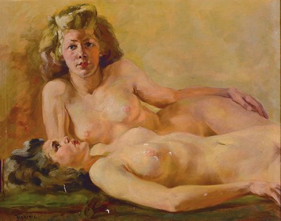 Image 26779277 - Robert Kuven, 1901 - 1983 Strasbourg, two lying female nudes, oil/canvas, 30/40s, signedlower left, age-related color missing areas ortraces of age, 54 x 65 cm, carved wooden frame
