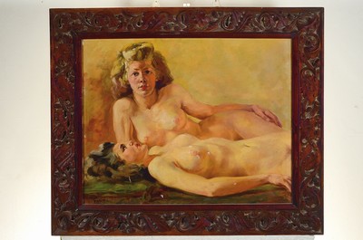 26779277k - Robert Kuven, 1901 - 1983 Strasbourg, two lying female nudes, oil/canvas, 30/40s, signedlower left, age-related color missing areas ortraces of age, 54 x 65 cm, carved wooden frame