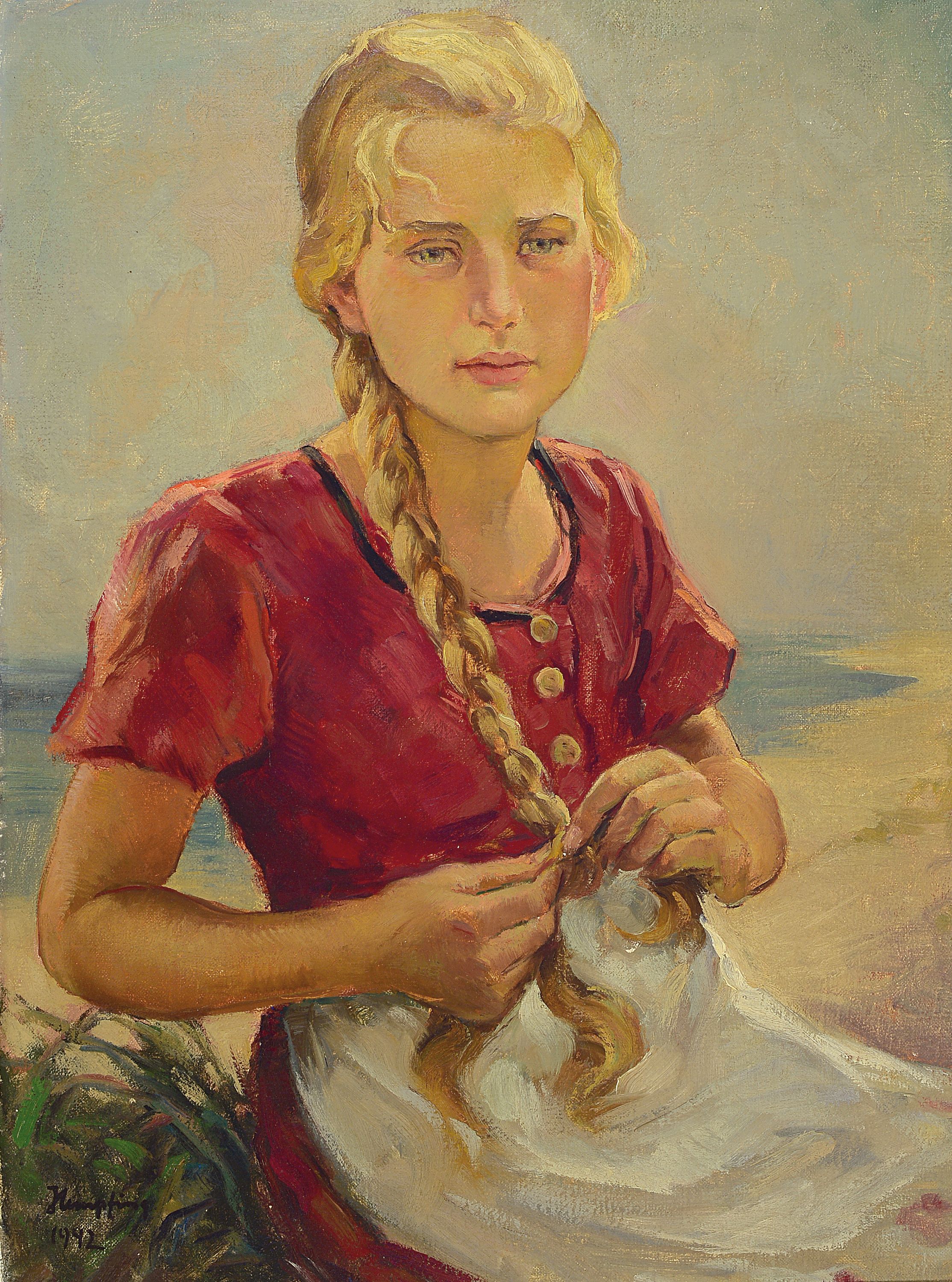 Wilhelm Hempfing, 1886 Schönau-1951 Karlsruhe, sich einen Zopf flechtende Frau am Strand, Öl/Stoff, links unten sign., ca. 69x51cm, R. ca. 75x59cm