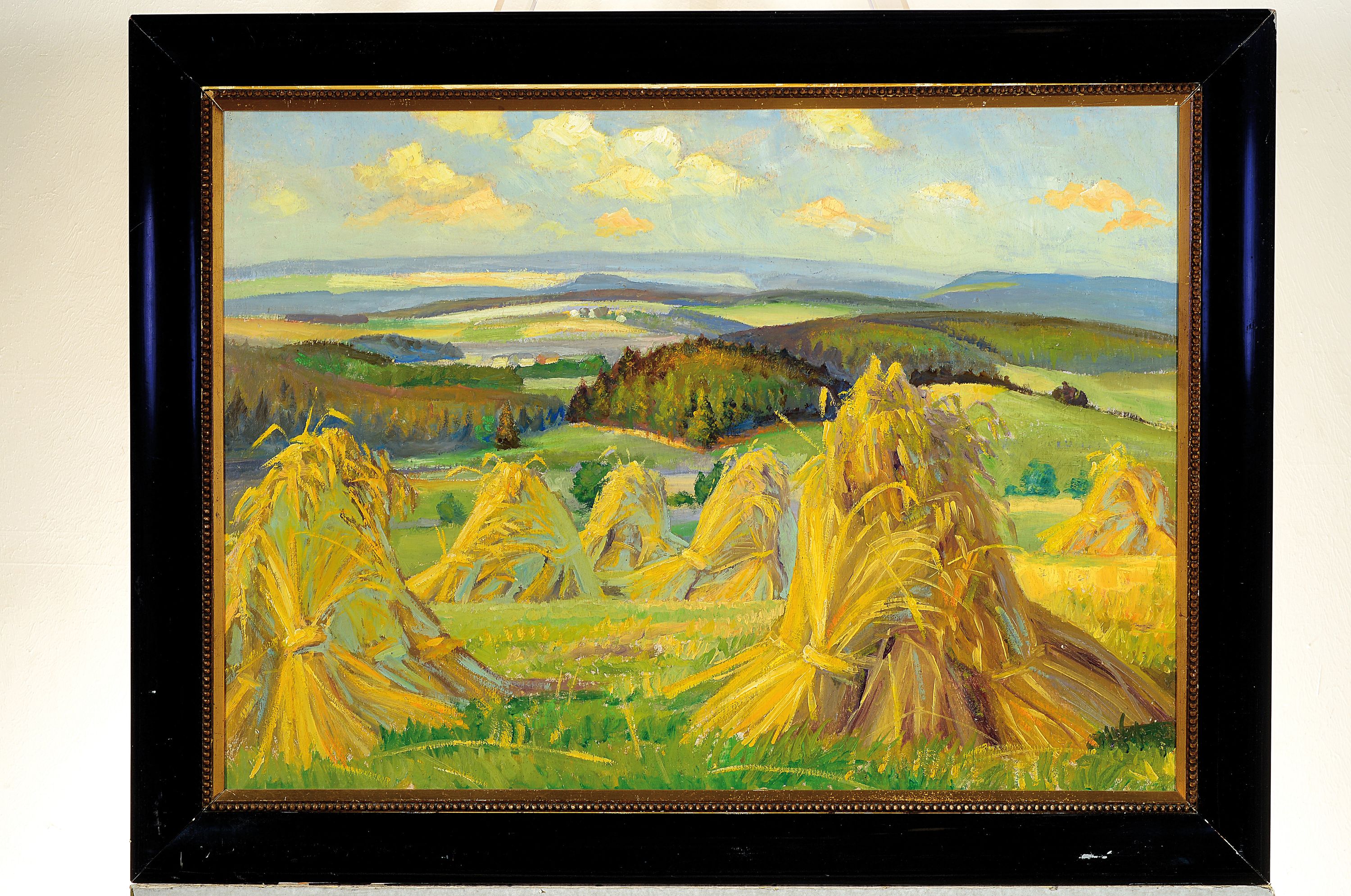 Detail k: Zuschreibung: Albin Schlehahn, 1870 Eichig - 1939 Jößnitz, Sommerlandschaft, verso bezeichnet Voigländische Landschaft, Öl/Malkarton, ca. 51 x 68 ...