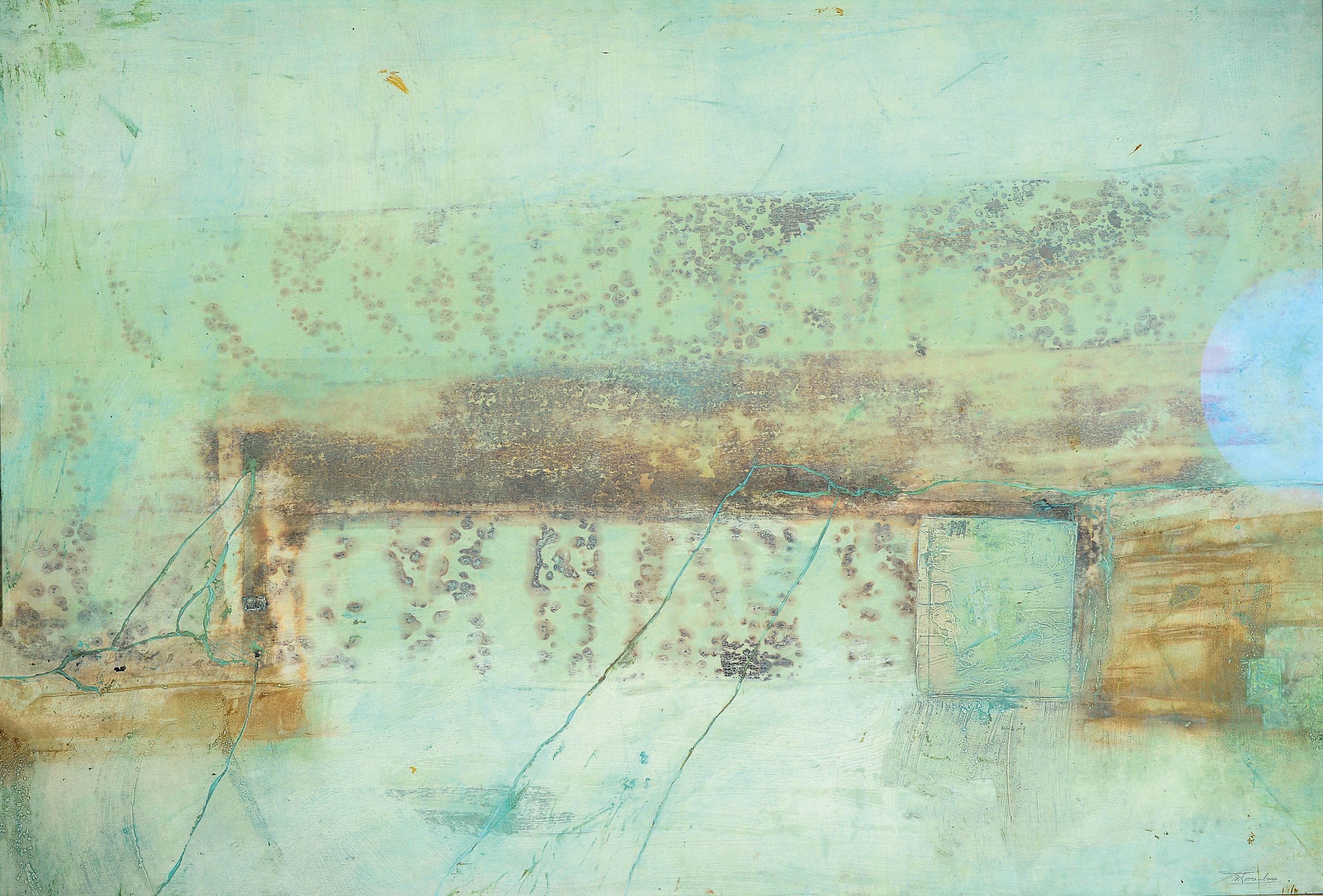 Ed Toorenburg, zeitgenössischer Künstler, abstrakte Komposition, Mischtechnik auf Holz, rechts unten signiert, ca. 68x99cm, u.Gl., R. ca. 80x111cm