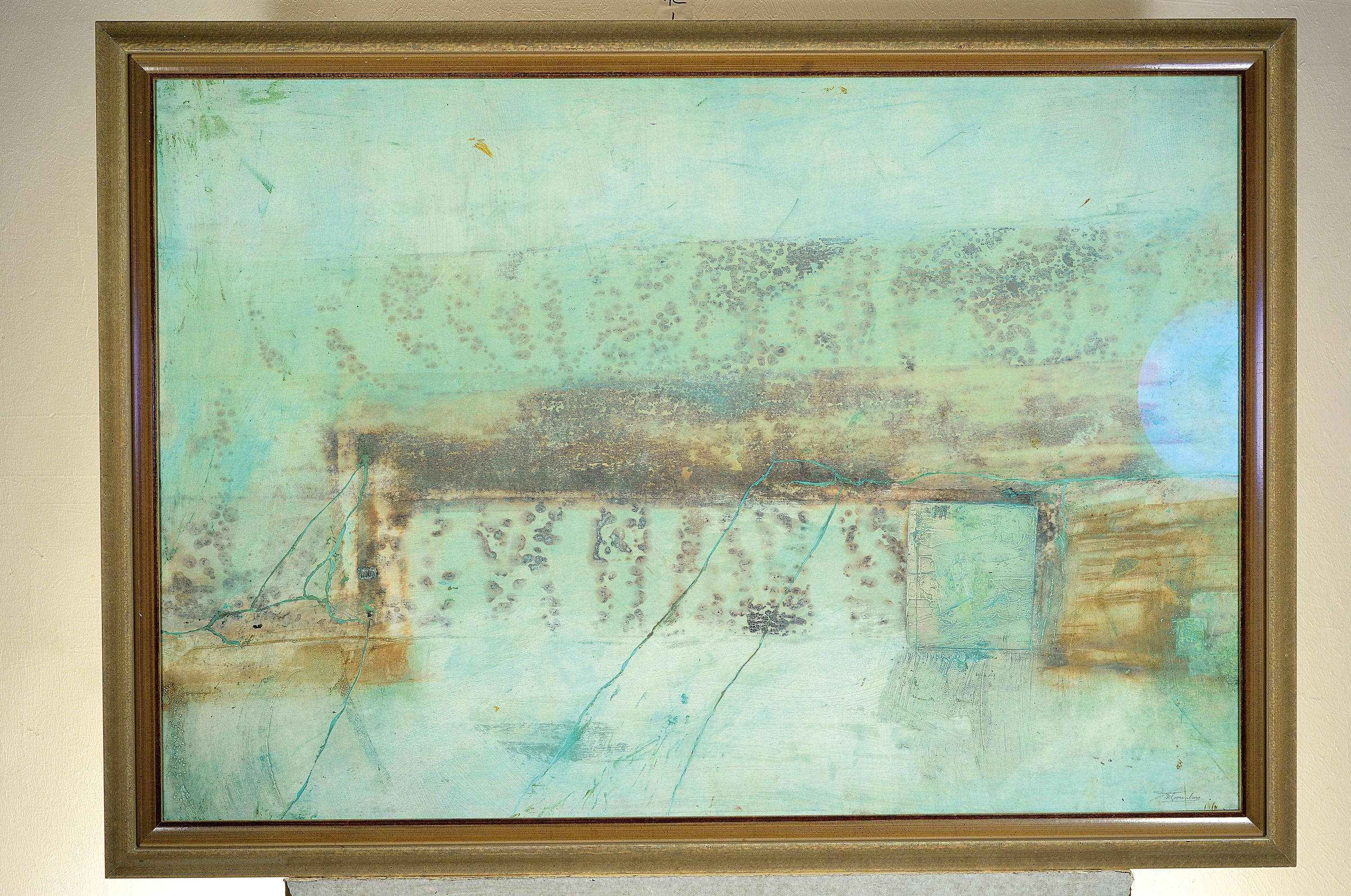 Detail k: Ed Toorenburg, zeitgenössischer Künstler, abstrakte Komposition, Mischtechnik auf Holz, rechts unten signiert, ca. 68x99cm, u.Gl., R. ca. 80x111cm