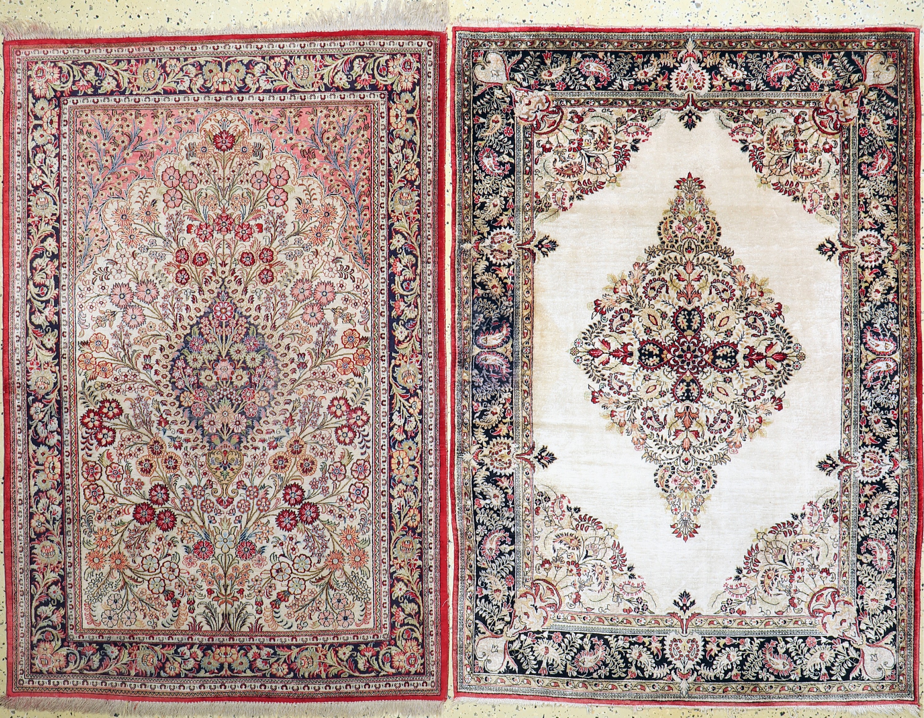 1 paar Ghom Seide alt, Persien, Mitte 20.Jhd, reine Naturseide, ca. 155 x 108 cm, verfärbt, EHZ: 2(Wasserschaden)