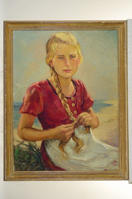 26779318k - Wilhelm Hempfing, 1886 Schönau-1951 Karlsruhe,woman braiding herself on the beach, oil/fabric, lower left sign., approx. 69 x51cm, frame approx. 75x59cm