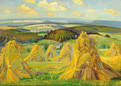 Image 26779320 - Attribution: Albin Schlehahn, 1870 Eichig - 1939 Jößnitz, summer landscape, verso inscribed Voigländische landscape, oil/painting cardboard, approx. 51 x 68 cm, frame approx. 60x78cm