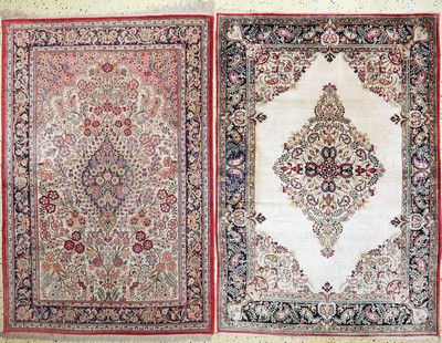 Image 26779323 - 1 pair of Qum silk old, Persia, mid-20th century, pure natural silk, approx. 155 x 108 cm, discolored, condition: 2 (water damage). Rugs, Carpets & Flatweaves
