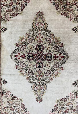 26779323d - 1 pair of Qum silk old, Persia, mid-20th century, pure natural silk, approx. 155 x 108 cm, discolored, condition: 2 (water damage). Rugs, Carpets & Flatweaves