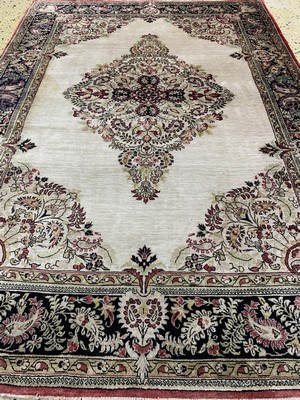 26779323e - 1 pair of Qum silk old, Persia, mid-20th century, pure natural silk, approx. 155 x 108 cm, discolored, condition: 2 (water damage). Rugs, Carpets & Flatweaves
